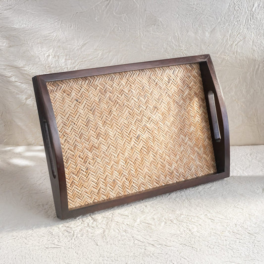 Rectangular Cane-Inlay Wooden Serving Tray