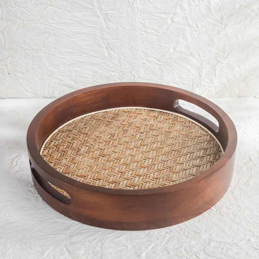 Cane-Inlay Wooden Round Serving Tray