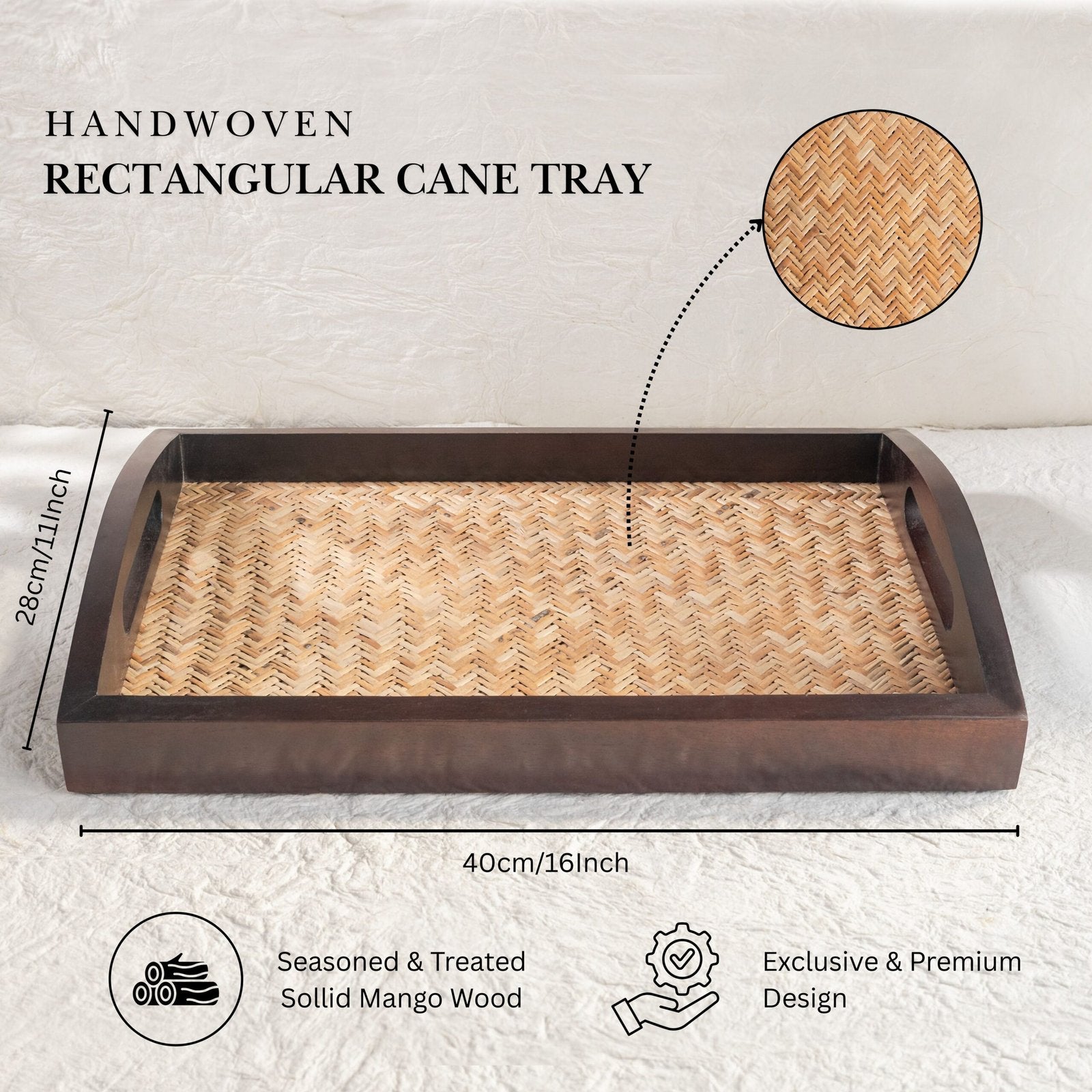 Rectangular Cane-Inlay Wooden Serving Tray