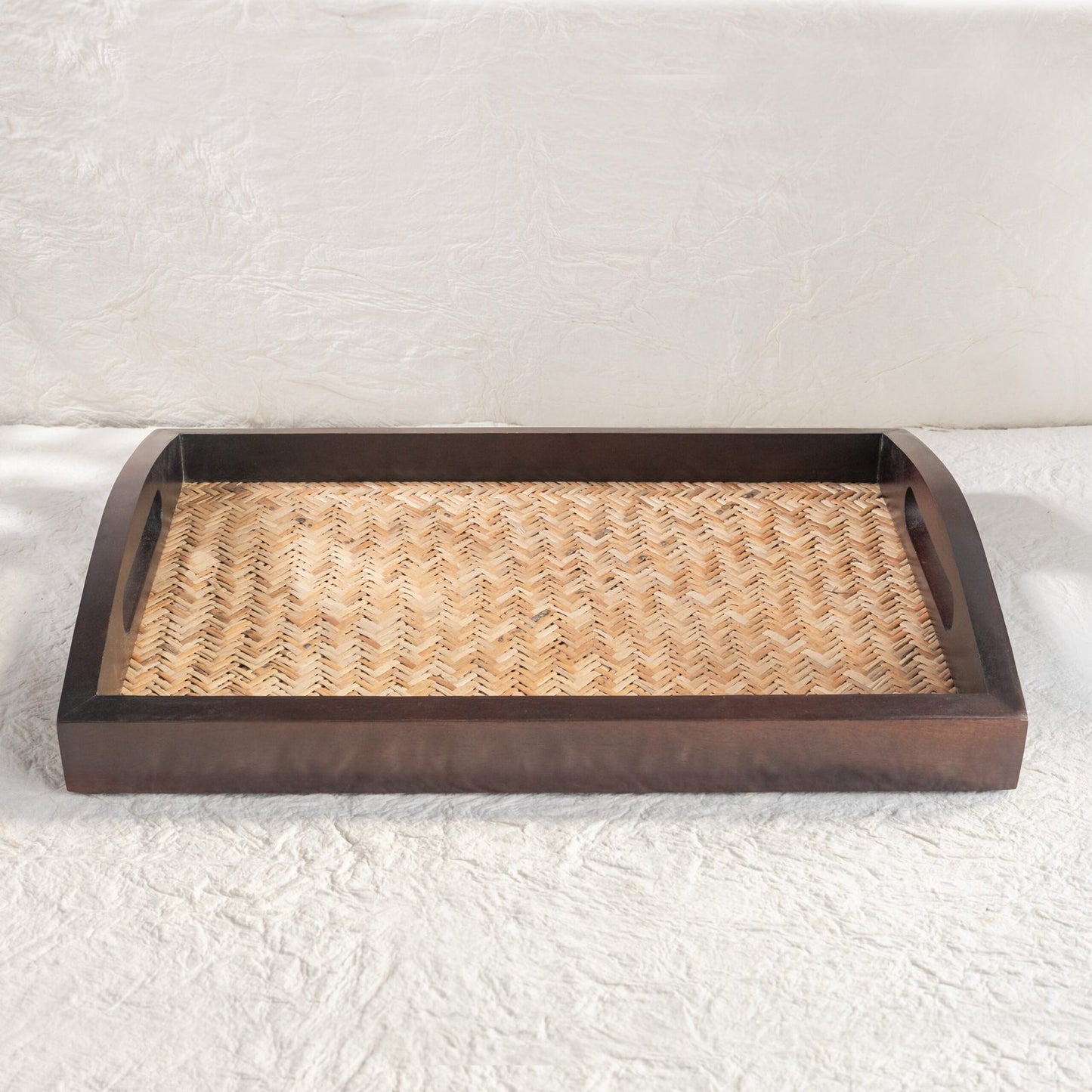 Rectangular Cane-Inlay Wooden Serving Tray
