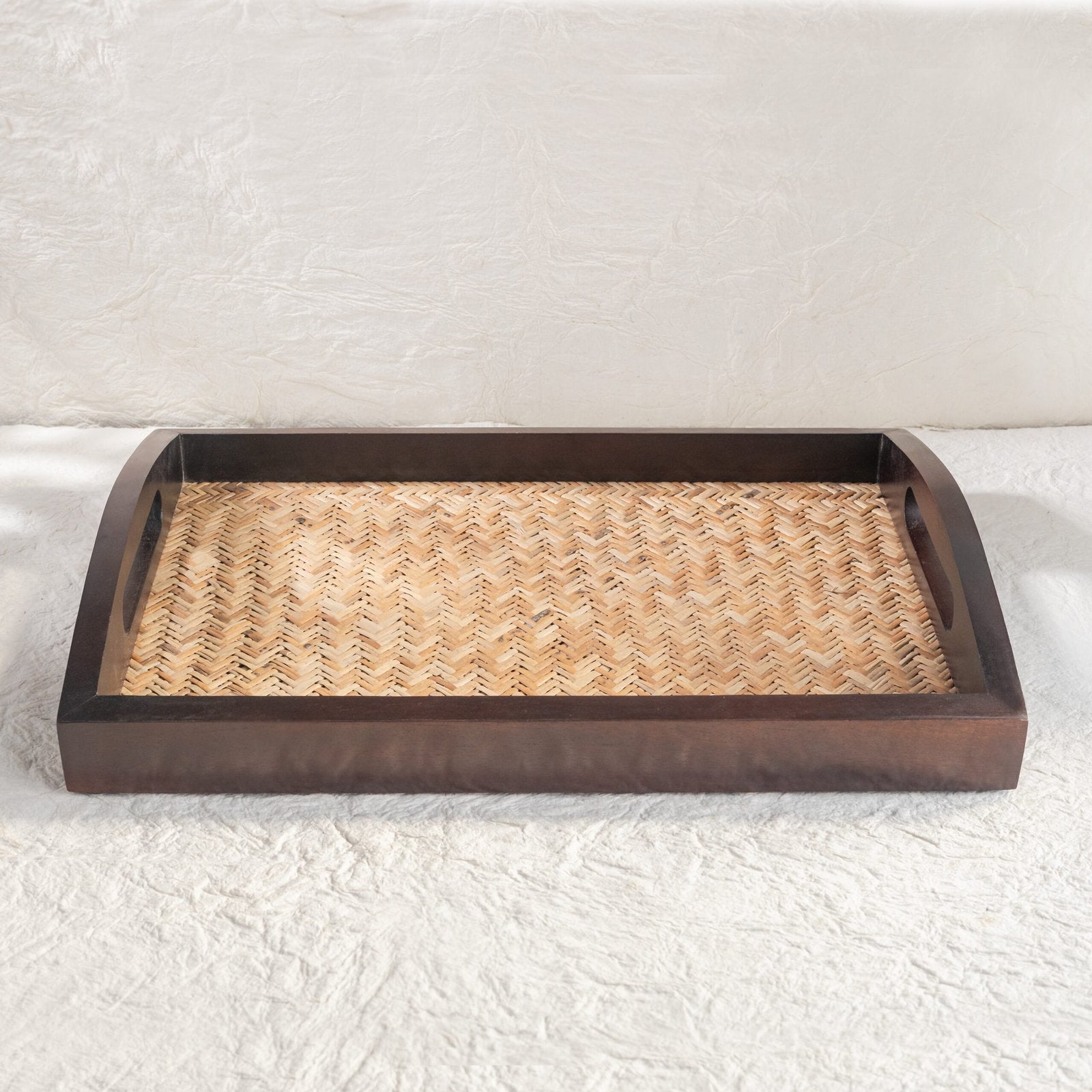 Rectangular Cane-Inlay Wooden Serving Tray