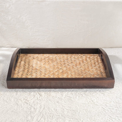 Rectangular Cane-Inlay Wooden Serving Tray