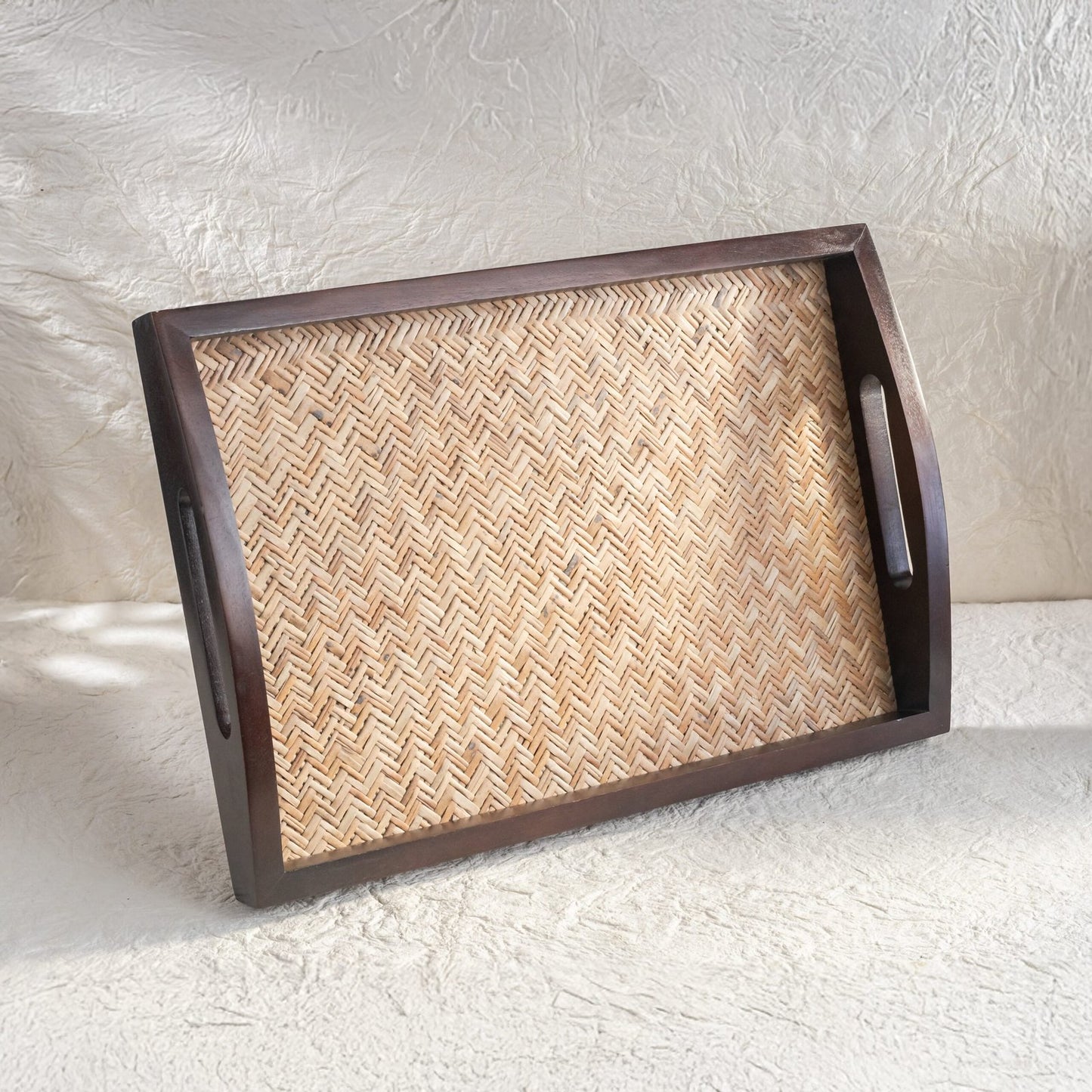 Rectangular Cane-Inlay Wooden Serving Tray