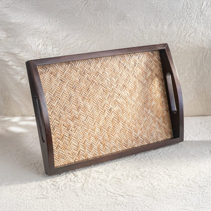 Rectangular Cane-Inlay Wooden Serving Tray