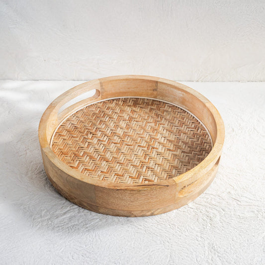 Cane-Inlay Wooden Round Serving Tray (Natural Finish)
