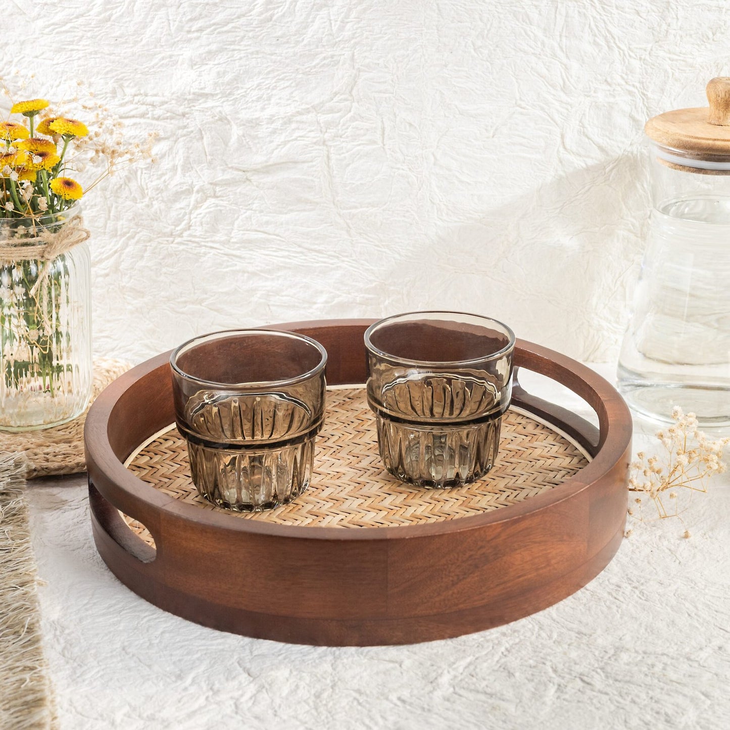 Cane-Inlay Wooden Round Serving Tray