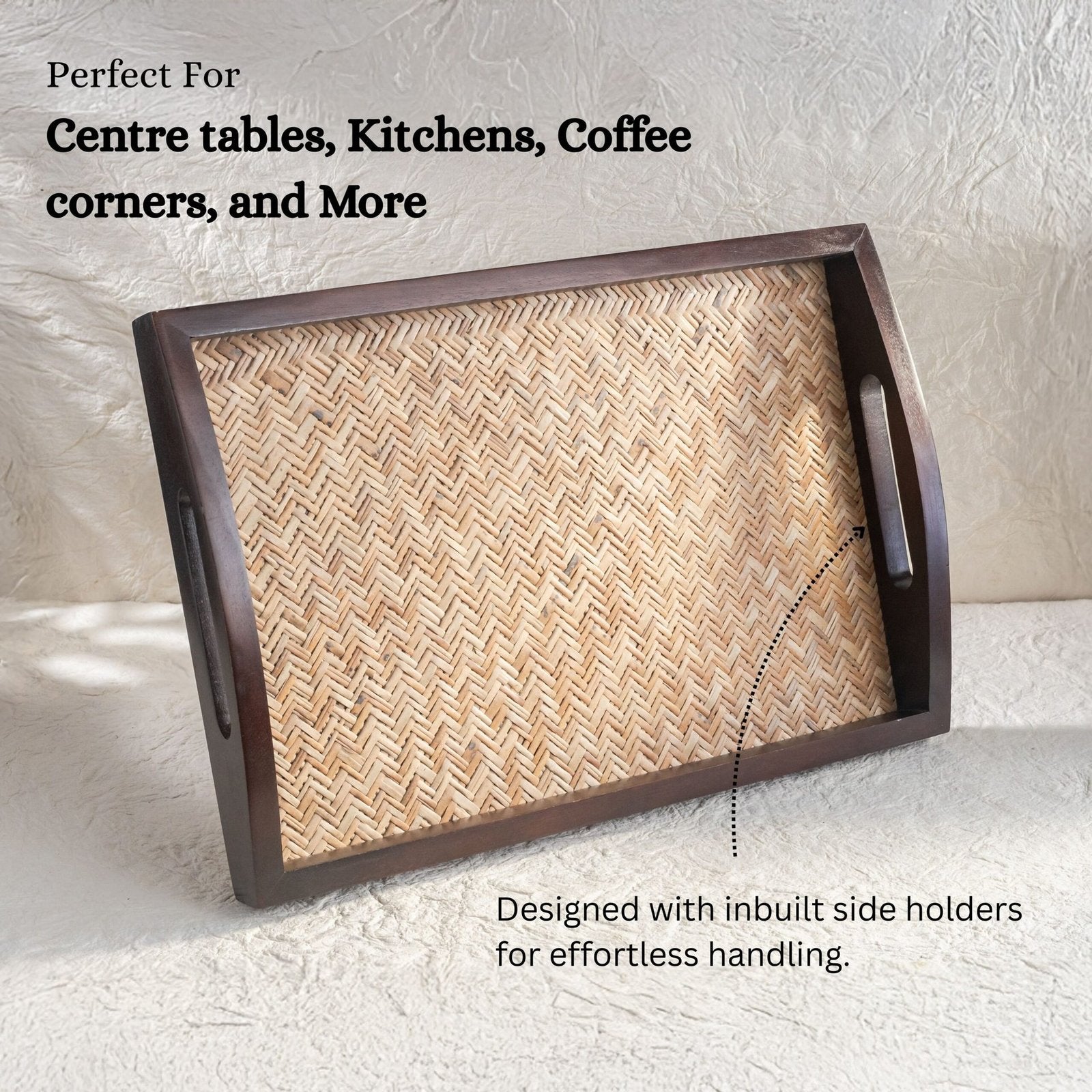 Rectangular Cane-Inlay Wooden Serving Tray