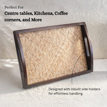 Rectangular Cane-Inlay Wooden Serving Tray