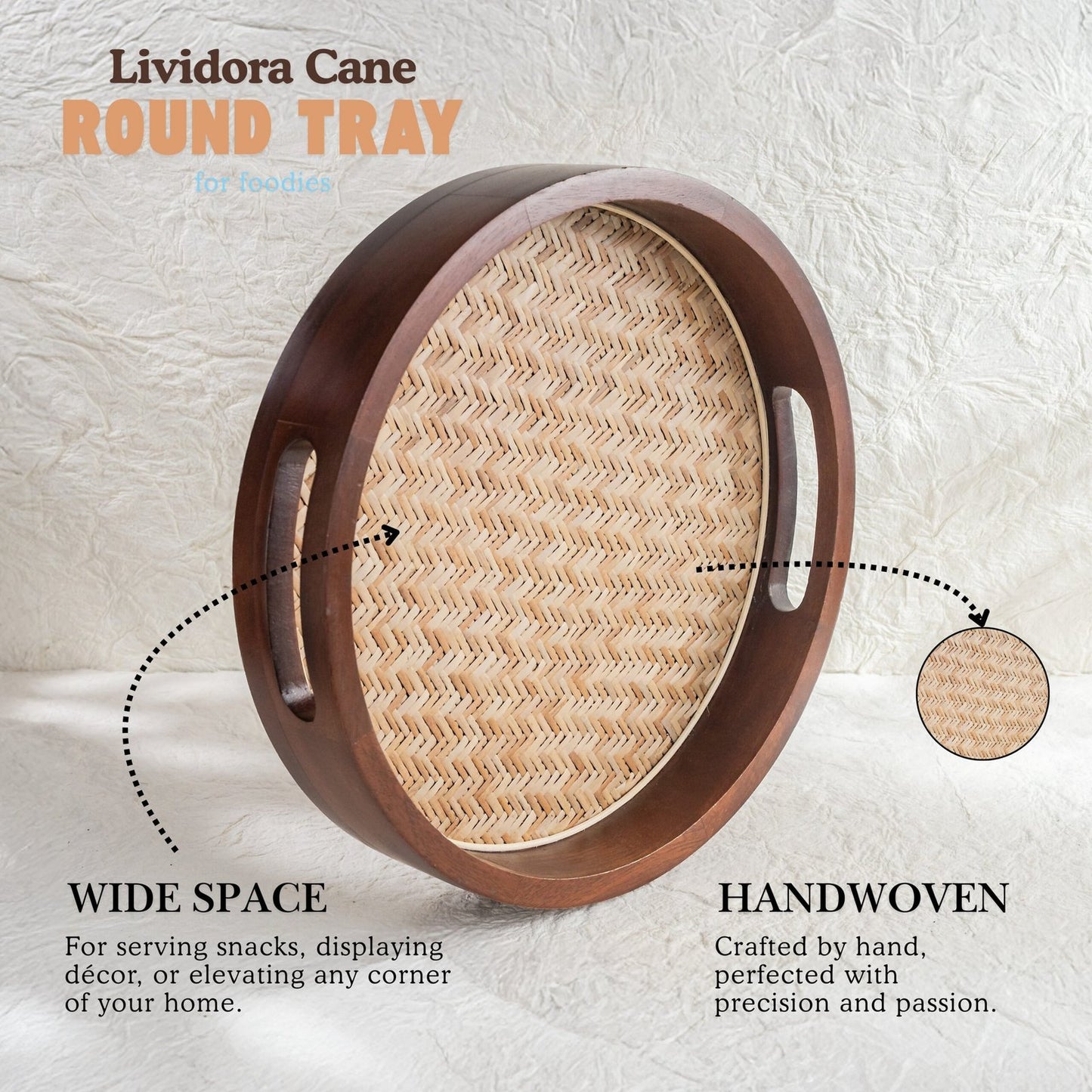 Cane-Inlay Wooden Round Serving Tray
