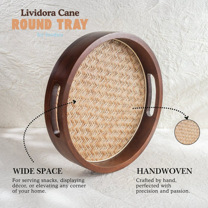 Cane-Inlay Wooden Round Serving Tray