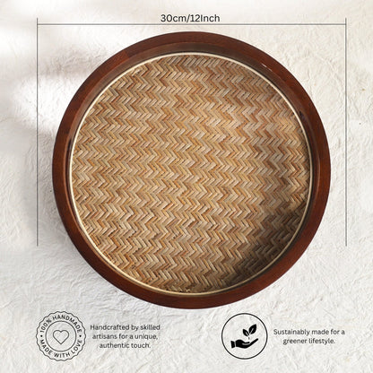 Cane-Inlay Wooden Round Serving Tray