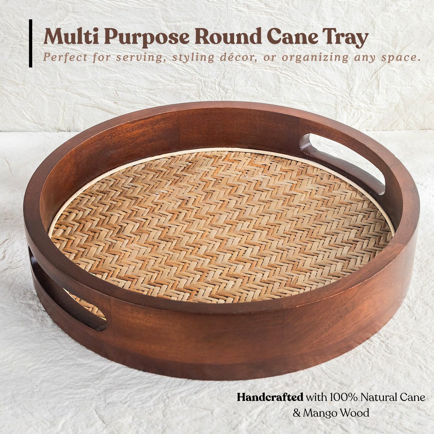 Cane-Inlay Wooden Round Serving Tray