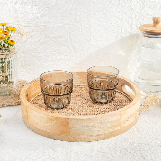 Cane-Inlay Wooden Round Serving Tray (Natural Finish)