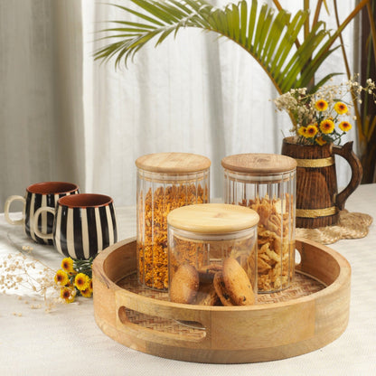 Cane-Inlay Wooden Round Serving Tray (Natural Finish)