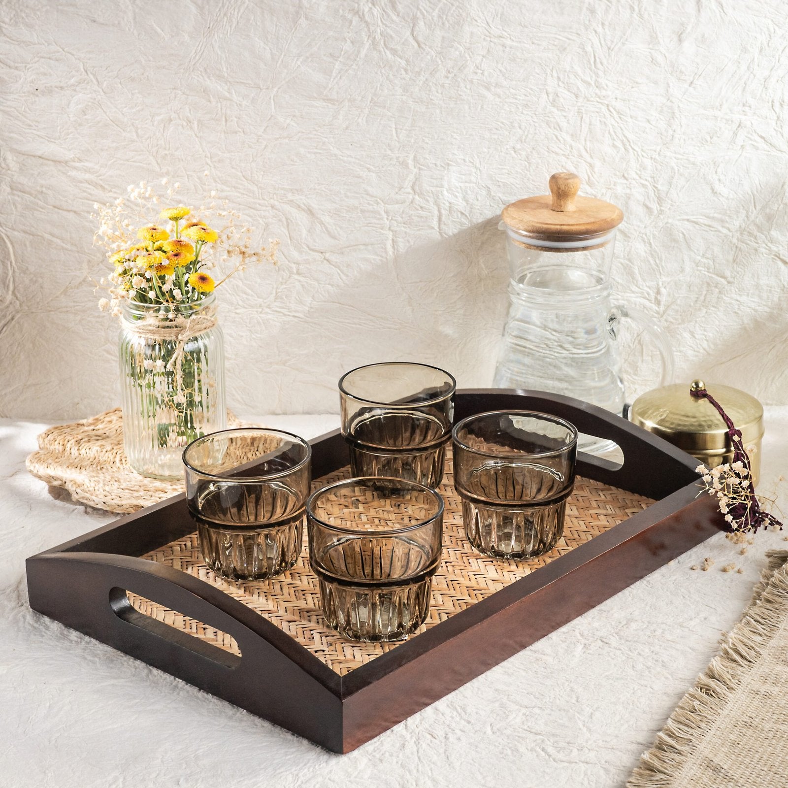 Rectangular Cane-Inlay Wooden Serving Tray