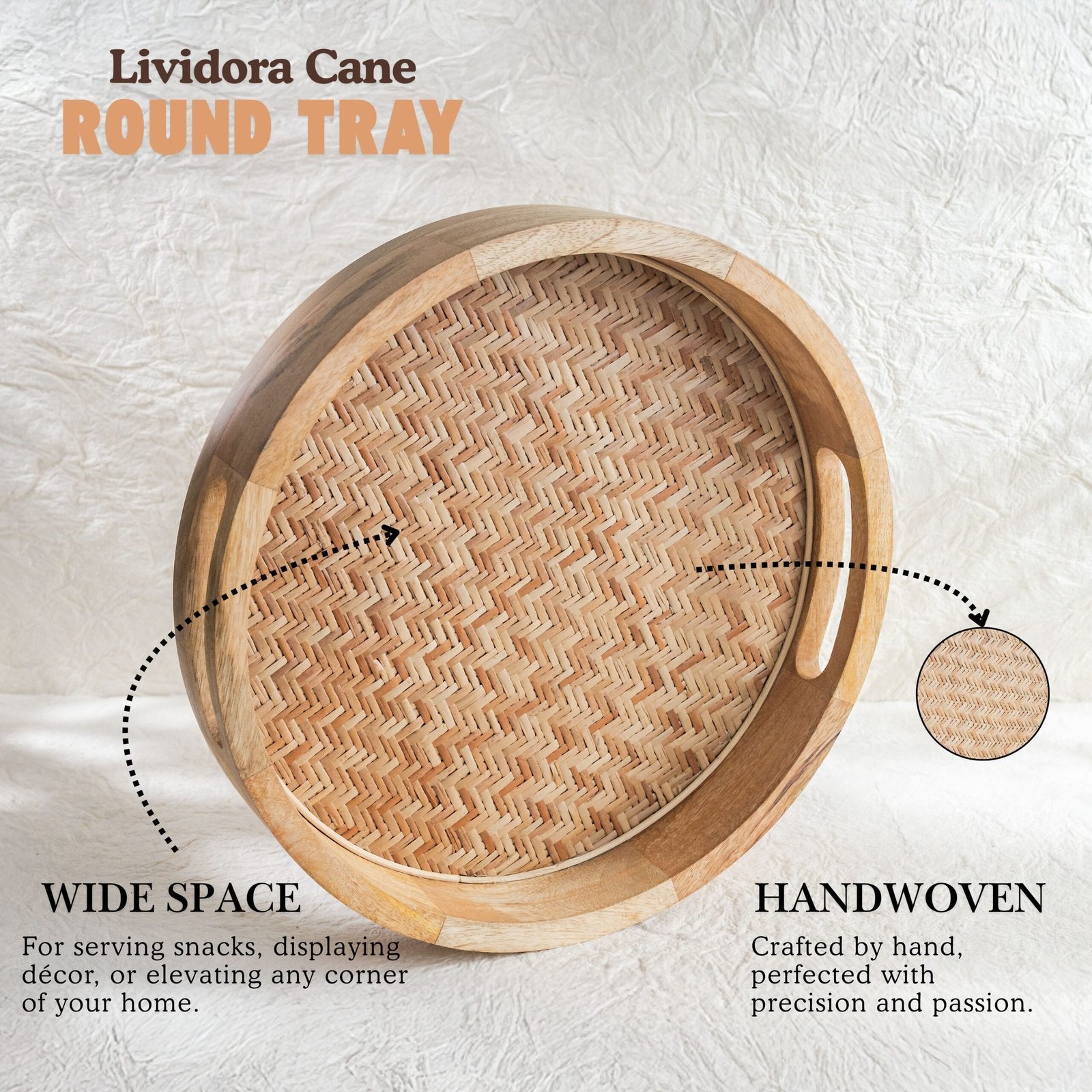 Cane-Inlay Wooden Round Serving Tray (Natural Finish)