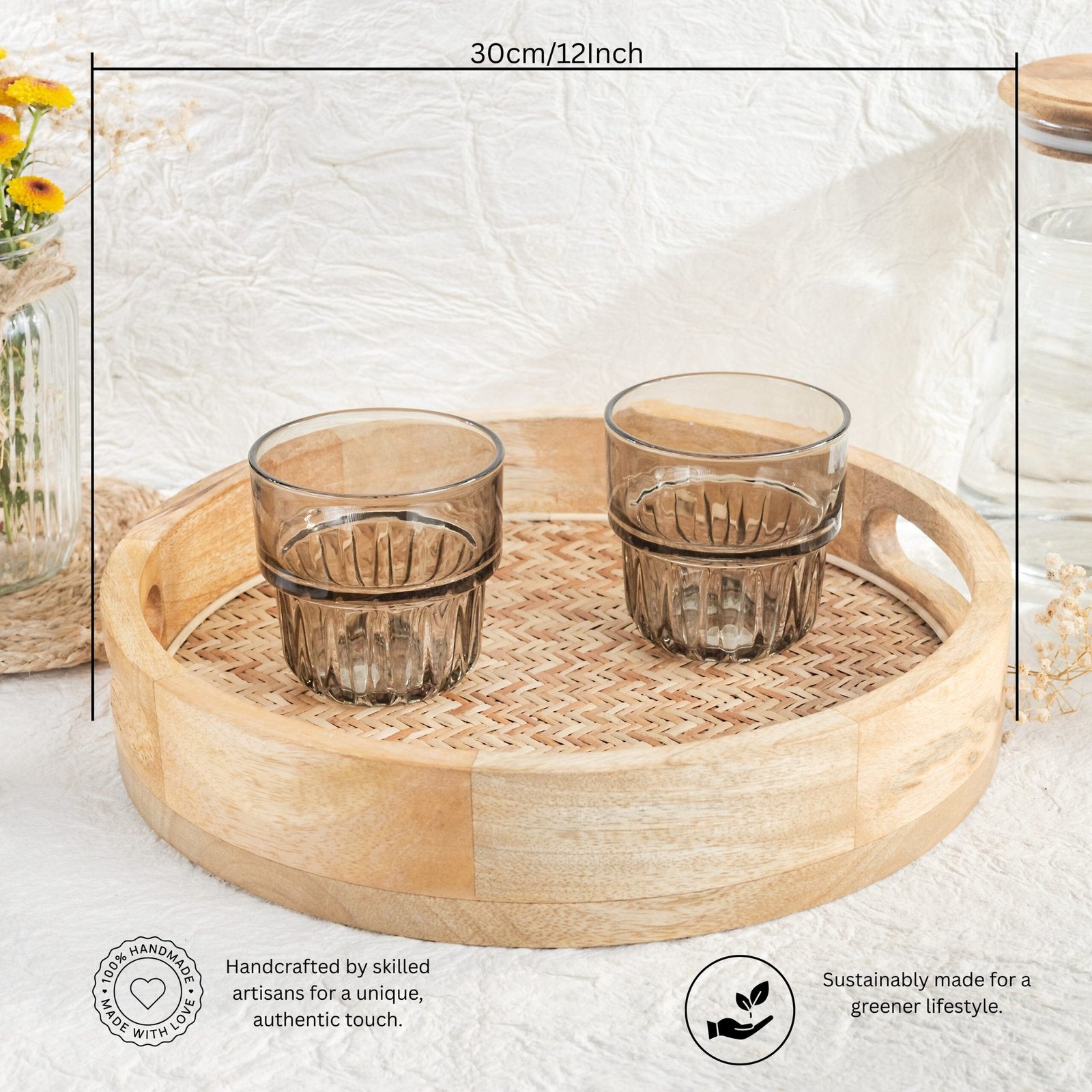 Cane-Inlay Wooden Round Serving Tray (Natural Finish)