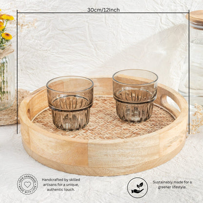 Cane-Inlay Wooden Round Serving Tray (Natural Finish)