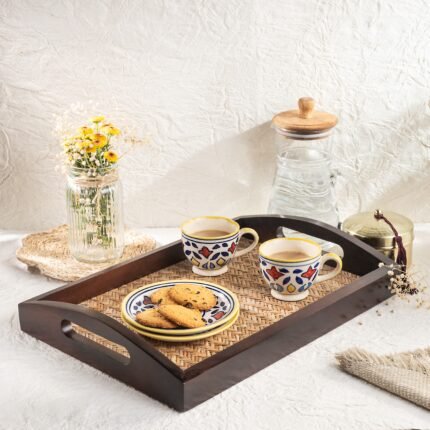 Rectangular Cane-Inlay Wooden Serving Tray
