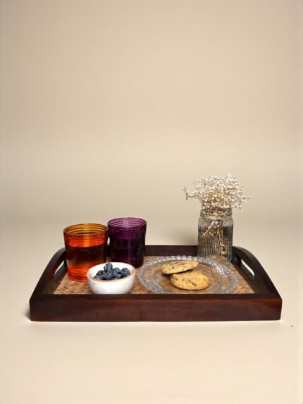 Rectangular Cane-Inlay Wooden Serving Tray