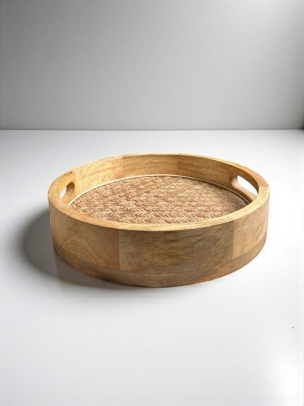 Cane-Inlay Wooden Round Serving Tray (Natural Finish)